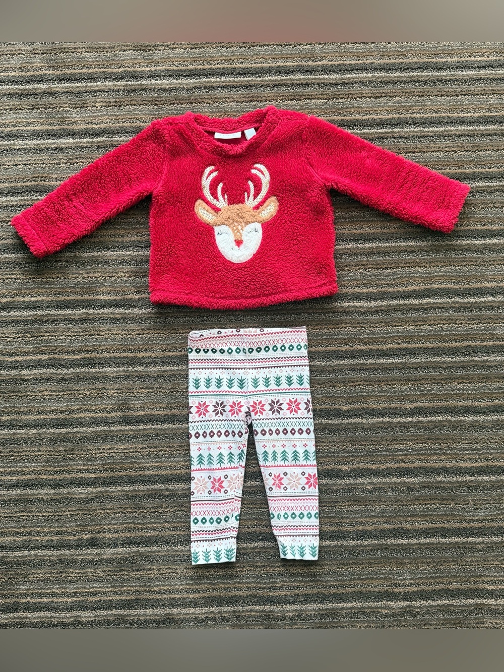 The Children's Place Red Fuzzy Reindeer Sweater with Holiday Print Leggings